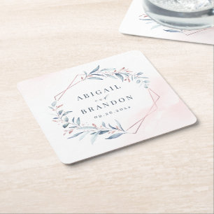 Rose Gold Dusty Blue Greenery Geometric Wedding Rechteckiger Pappuntersetzer