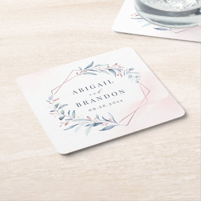 Rose Gold Dusty Blue Greenery Geometric Wedding Rechteckiger Pappuntersetzer (angewinkelt)