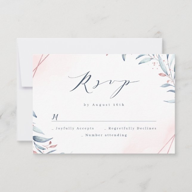 Rose Gold Dusty Blue Greenery Geometric Wedding RSVP Karte (Vorderseite)