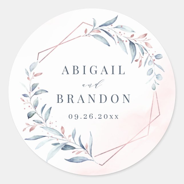 Rose Gold Dusty Blue Greenery Geometric Wedding Runder Aufkleber (Vorderseite)