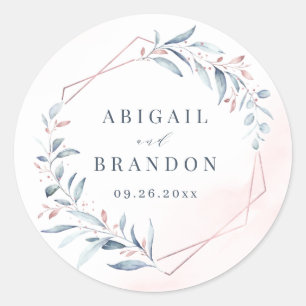 Rose Gold Dusty Blue Greenery Geometric Wedding Runder Aufkleber