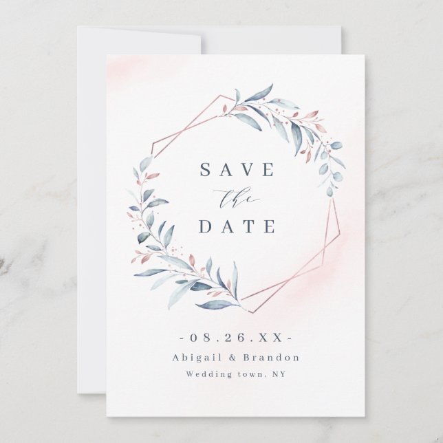 Rose Gold Dusty Blue Greenery Geometric Wedding SA Save The Date (Vorderseite)