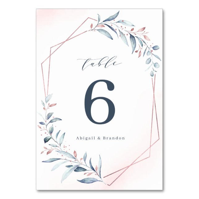 Rose Gold Dusty Blue Greenery Geometric Wedding Tischnummer (Vorderseite)