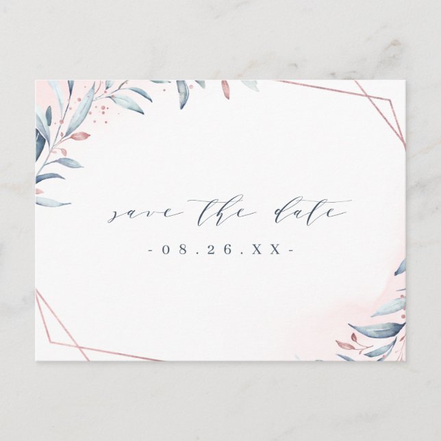 Rose Gold Dusty Blue Greenery Save the Date Ankündigungspostkarte (Vorderseite)