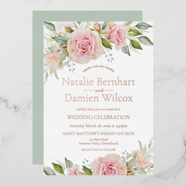 Rose Gold Dusty Green Floral Wedding Folieneinladung (Vorderseite/Rückseite)
