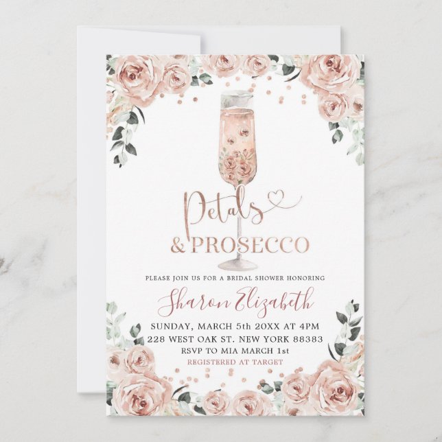 Rose Gold Dusty Petals und Prosecco Brautparty Einladung (Vorderseite)