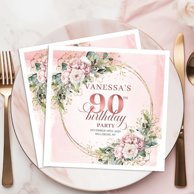 Rose Gold Dusty Pink Boho Floral 90th Birthday  Serviette (Rose Gold Dusty Pink Boho Floral 90th Birthday Napkins)
