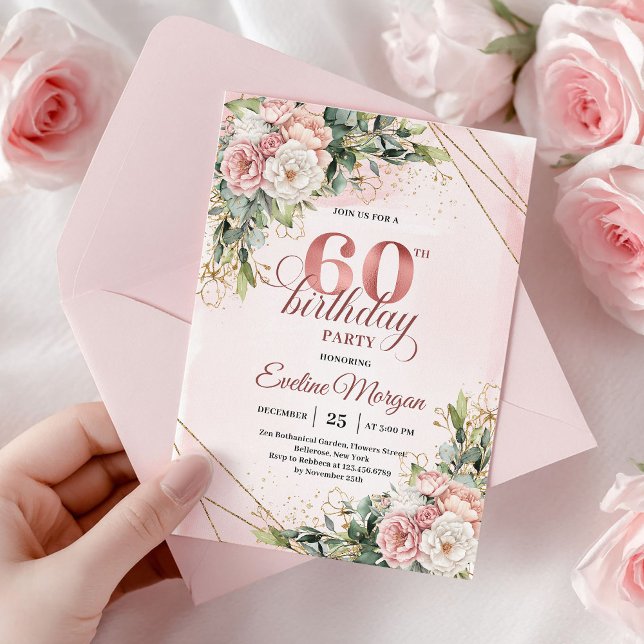 Rose Gold Dusty Pink Floral 60th Birthday Invite Einladung (Rose gold floral 60th birthday,
editable custom digital printable,
budget birthday invitation invite)