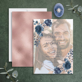 Rose Gold Dusty Pink Navy Floral Geometric Foto Einladung