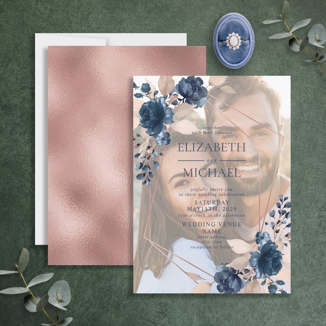 Rose Gold Dusty Pink Navy Floral Geometric Foto Einladung (Von Creator hochgeladen)