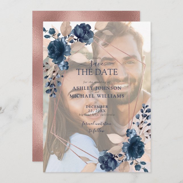 Rose Gold Dusty Pink Navy Foto Save the Date (Vorne/Hinten)