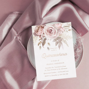 Rose Gold, Dusty Rose & Blush Blume Quinceañera Folieneinladung