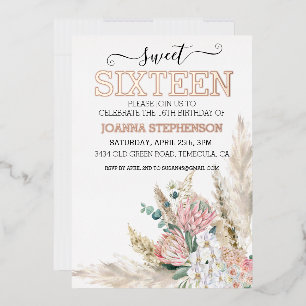 Rose Gold Echtfolie Sweet 16 Sechzehn Boho Floral Folieneinladung