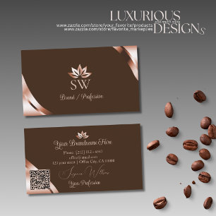 Rose Gold Ecken Coffee Brown Monogramm QR-Code Visitenkarte