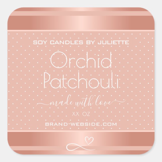 Rose Gold Effect Rosa Sojakandeln Verpackungsmarke Quadratischer Aufkleber (Vorderseite)