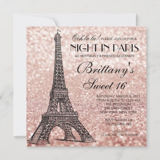 Rose Gold Eiffelturm Paris Sweet 16 Einladung (Vorderseite)