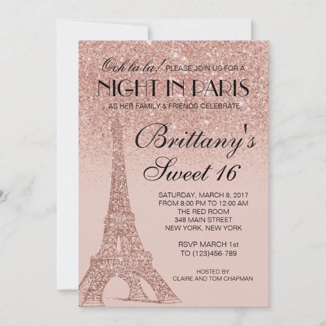 Rose Gold Eiffelturm Paris Sweet 16 Einladung (Vorderseite)