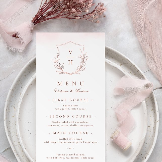 Rose Gold einfache botanische Wappen Monogramm Hoc Menükarte (Rose gold simple botanical crest monogram wedding menu)