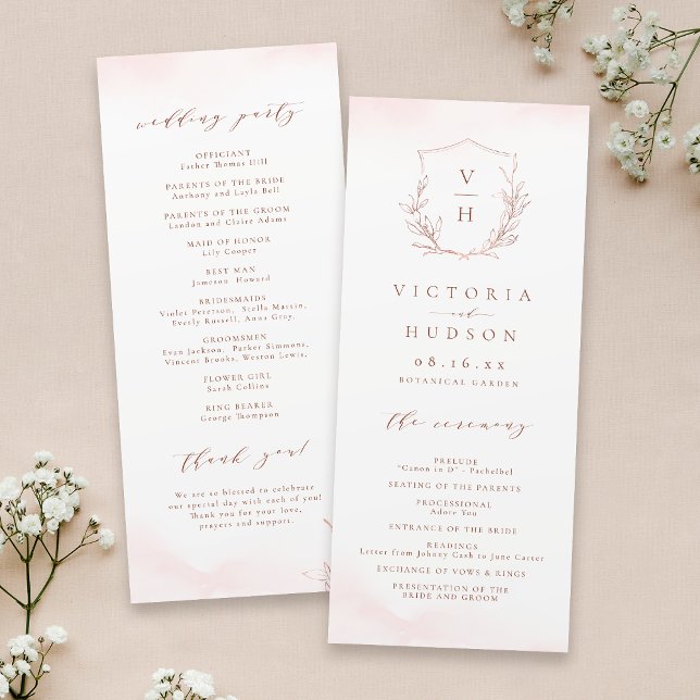 Rose Gold einfache botanische Wappen Monogramm Hoc Programm (Rose gold simple botanical crest monogram wedding program)