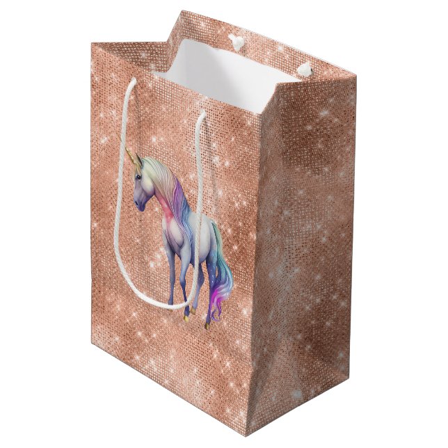 Rose Gold Einhorn Sparkle Mittlere Geschenktüte (Vorderseite Schrägansicht)