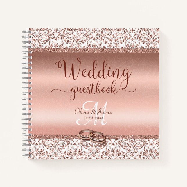 Rose Gold Elegant Damask Wedding Gästebuch Notizbuch (Vorderseite)