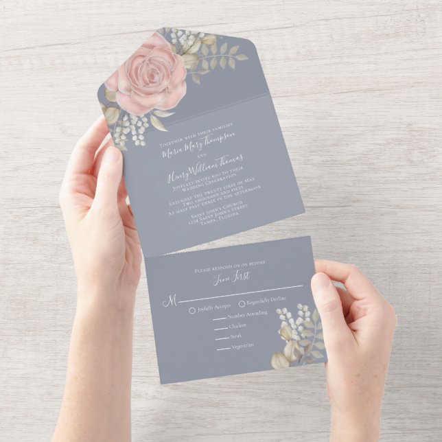 Rose Gold Elegante Aquarellfarben Rose Foliage All In One Einladung (Abreißen)