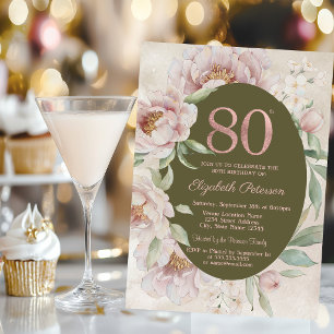Rose Gold Elegante Blumen 80. Geburtstag Einladung