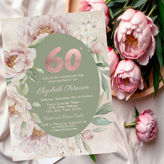 Rose Gold Elegante Blumen Grüne 60. Geburtstag Einladung