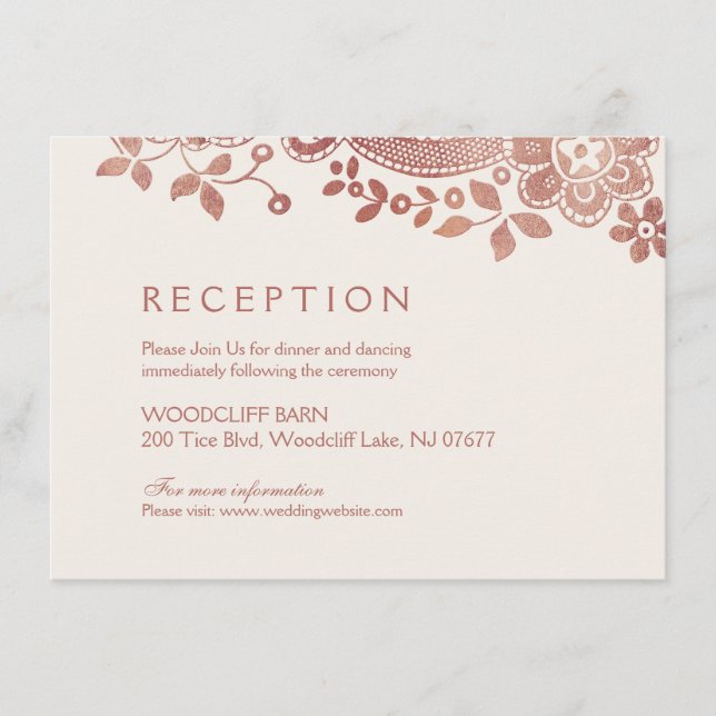 Rose Gold elegante Vintage Spitzen Hochzeitsempfan Begleitkarte (Vorderseite)