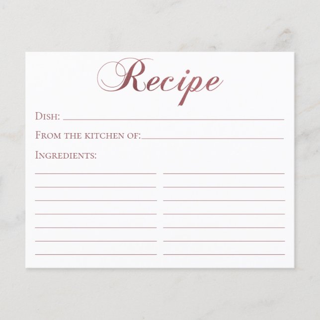 Rose Gold Elegantes Script Brautparty Rezept Karte (Vorderseite)