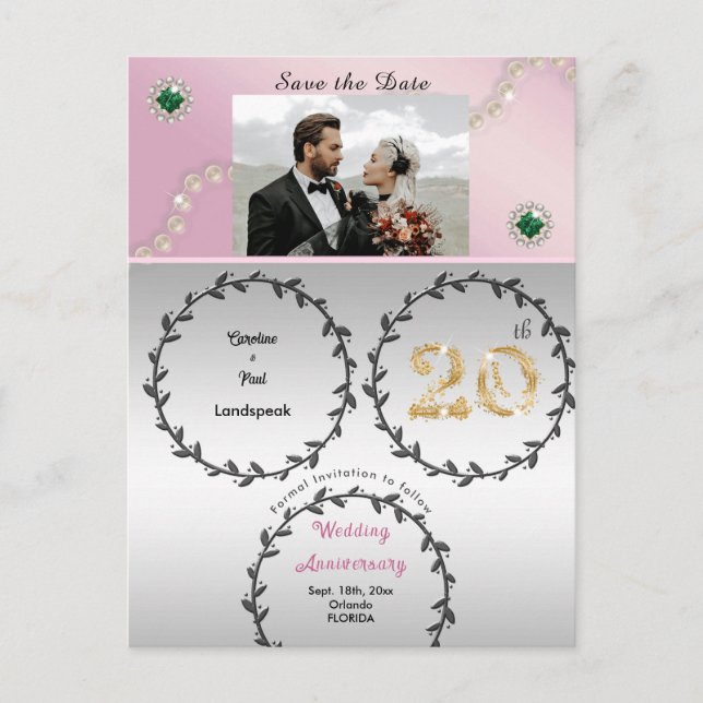 Rose Gold Emerald 20. Jubiläum Save the Date Postkarte (Vorderseite)