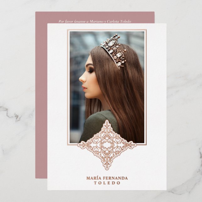 Rose Gold Encaje Español Real Metálico Mis Quince Folieneinladung (Vorderseite/Rückseite)