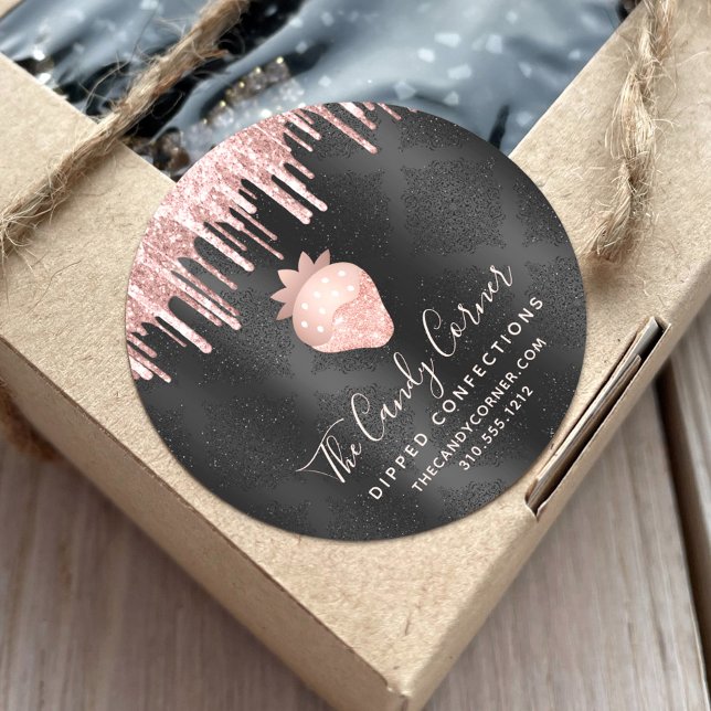 Rose Gold Erdbeere Glitzer Tropfen Confection Blac Runder Aufkleber (Von Creator hochgeladen)