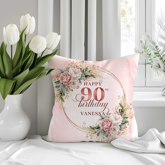 Rose Gold Eucalyptus Floral 90th Birthday Pillow Kissen (Rose Gold Eucalyptus Floral 90th Birthday Pillow)