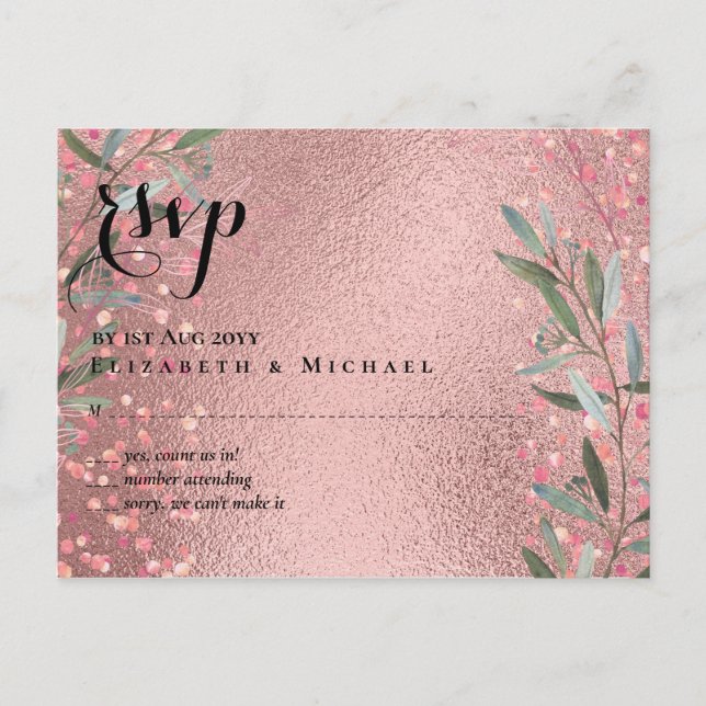 Rose Gold Eukalyptus Blätter Foil Look WEDING Postkarte (Vorderseite)