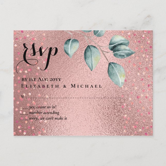 Rose Gold Eukalyptus Blätter Foil Look WEDING Postkarte (Vorderseite)