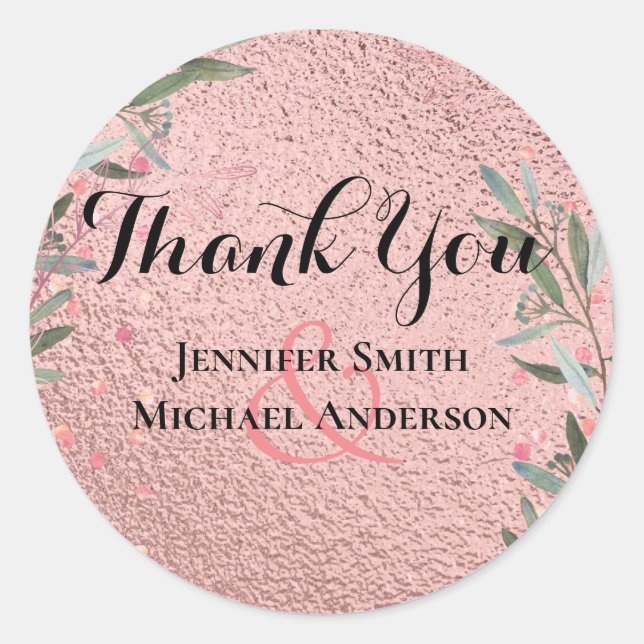 Rose Gold Eukalyptus Blätter Foil Look WEDING Runder Aufkleber (Vorderseite)