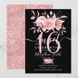 Rose Gold Fab Floral Glitzer 16. Geburtstag Schwar Einladung