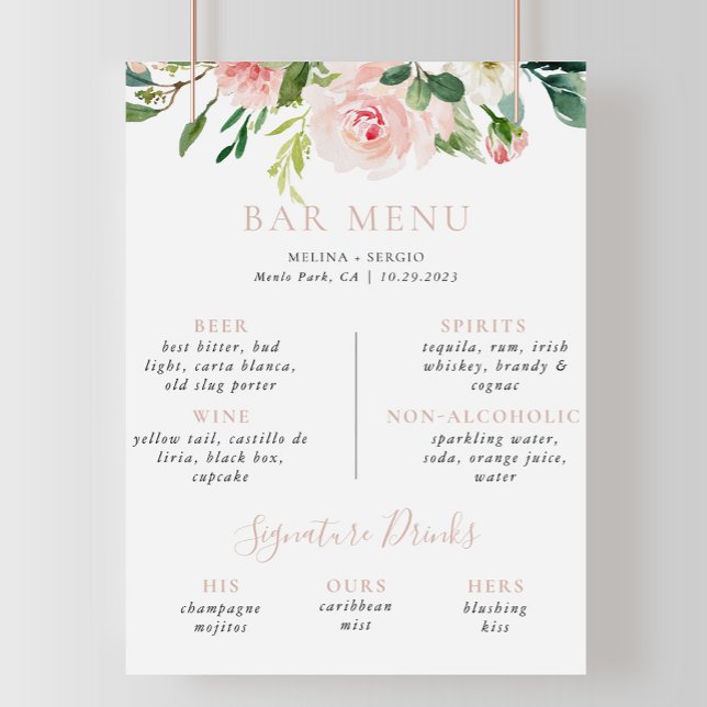 Rose Gold Fall Blume Hochzeitmenü Bar Poster (Von Creator hochgeladen)