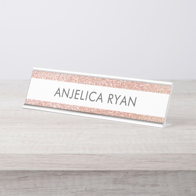 Rose Gold Faux Glitter Custom Name Desk Name Plate Schreibtischnamensplakette (Vorderseite )