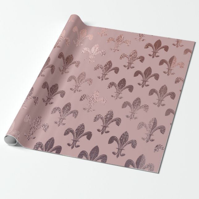 Rose Gold Fleur-de-Lis-Muster auf Rosa Rosa Geschenkpapier (Ungerollt)