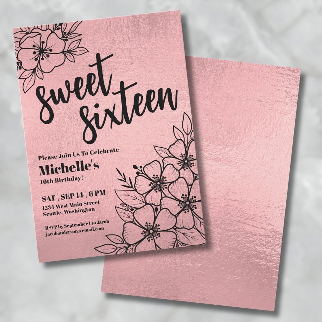 Rose Gold Floral 16. Geburtstag Einladung (Rose Gold Floral 80th Birthday Party Invitation)