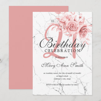 Rose Gold Floral 21. Geburtstag Party Marmor Einladung