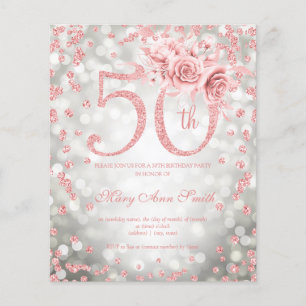 Rose Gold Floral 50. Geburtstag Lichter Einladung  Flyer