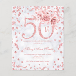 Rose Gold Floral 50. Geburtstag Marmor Einladung Flyer