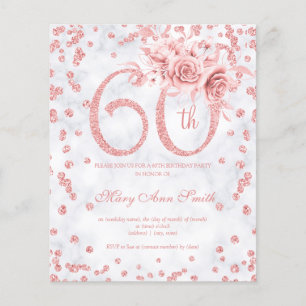 Rose Gold Floral 60. Geburtstag Marmor Einladung Flyer