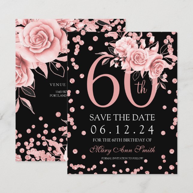 Rose Gold Floral 60. Save the Date Schwarz Einladung (Vorne/Hinten)