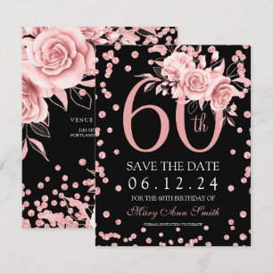 Rose Gold Floral 60. Save the Date Schwarz Einladung