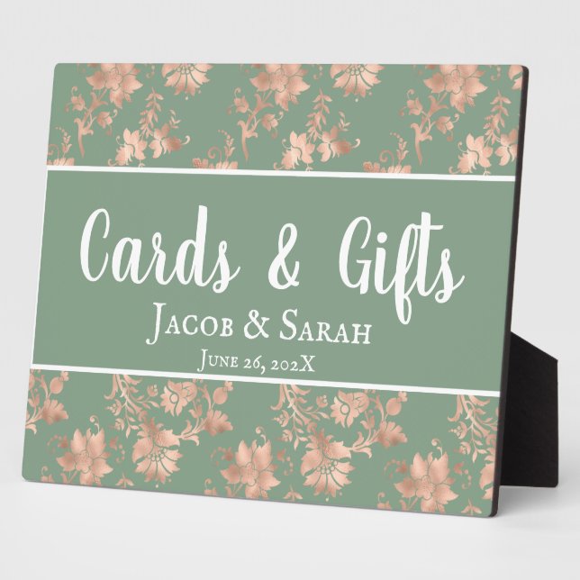 Rose Gold Floral auf Green Wedding Gift Table Fotoplatte (Seite)