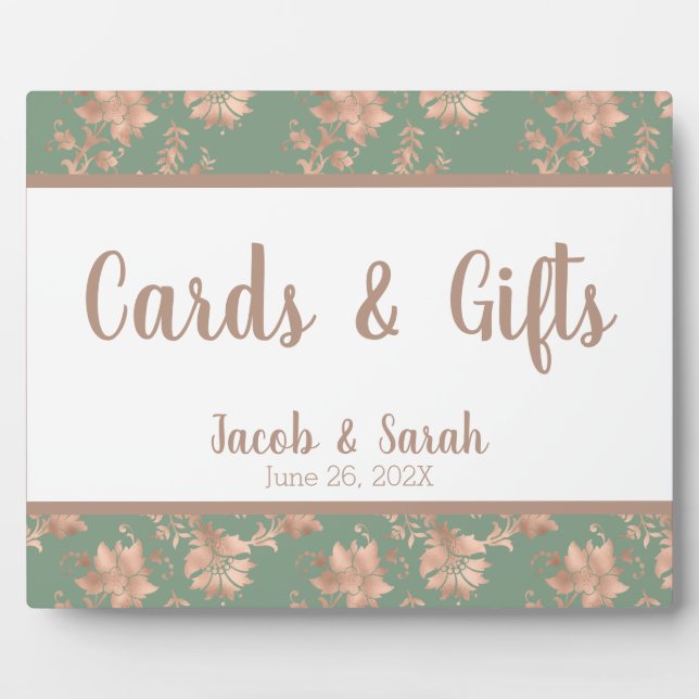 Rose Gold Floral auf Green Wedding Table Plaque Fotoplatte (Vorderseite)